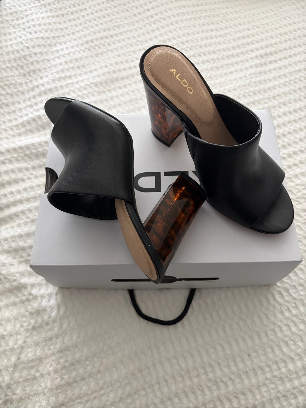 Aldo Black Slide Mules with Tortoiseshell Block Heel